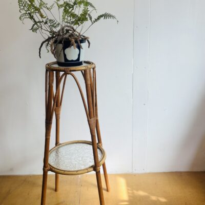 Vintage Rattan Glass Top Planter Stand